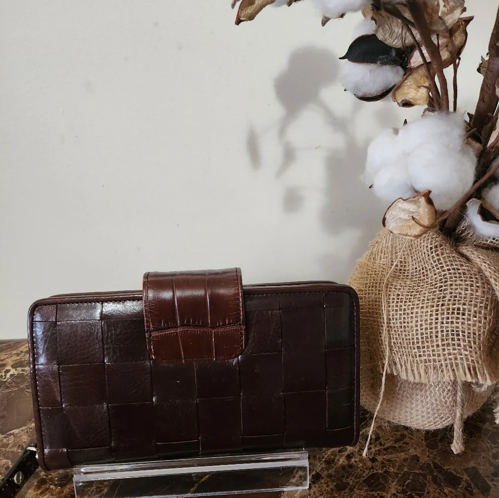 Brighton Brown Woven Leather Kisslock Wallet/Wristlet EUC - Picture 16 of 16